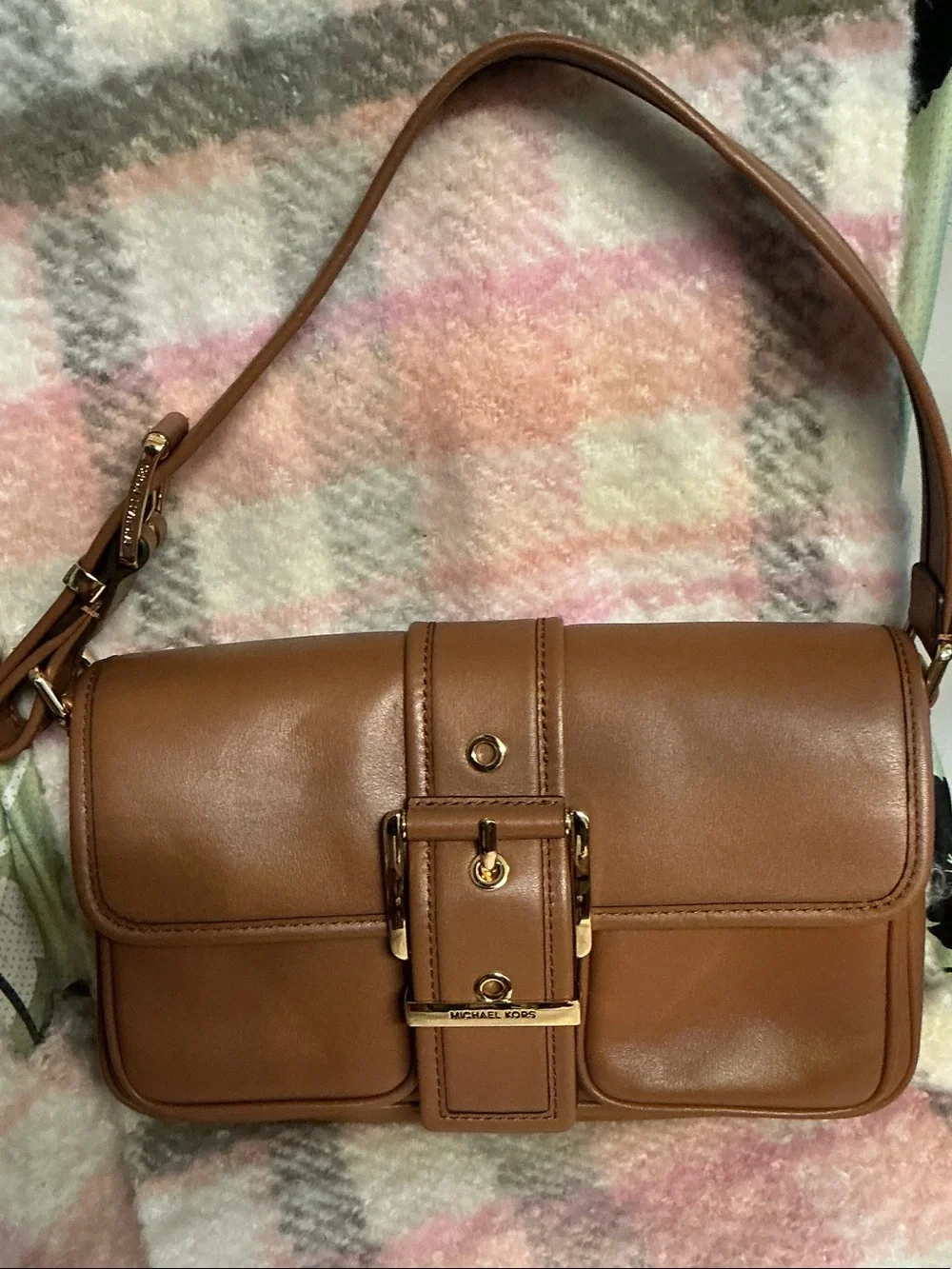 Michael Kors RARE SOHO Cognac Leather Buckle-Front Shoulder Bag